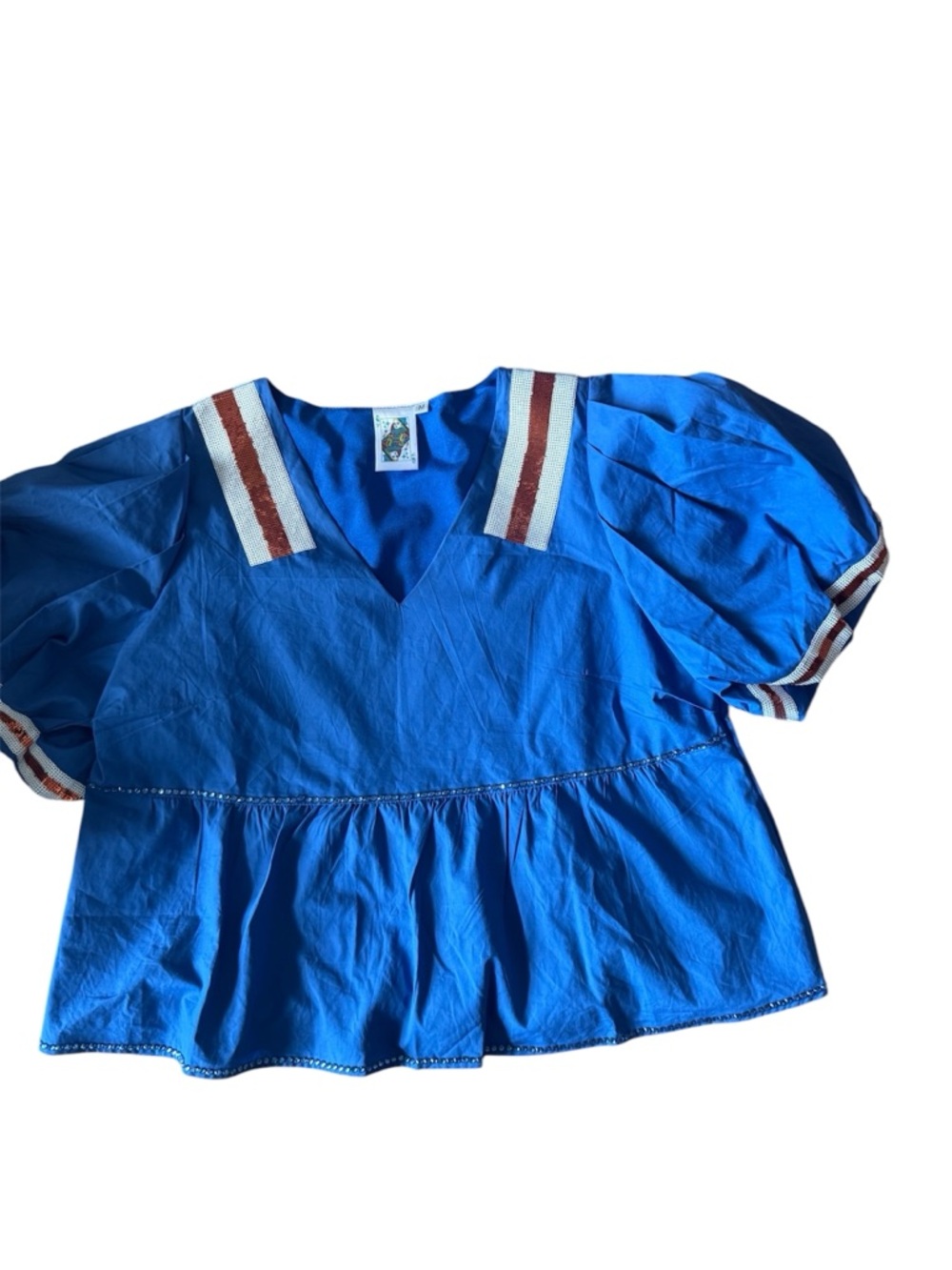 Queen of Sparkles royal blue top with red and white sparkle accents & 005. Sz M